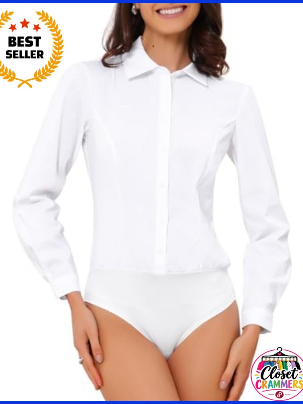 Womens Collared Button Down Bodysuit Long Sleeve Work Office Blouse